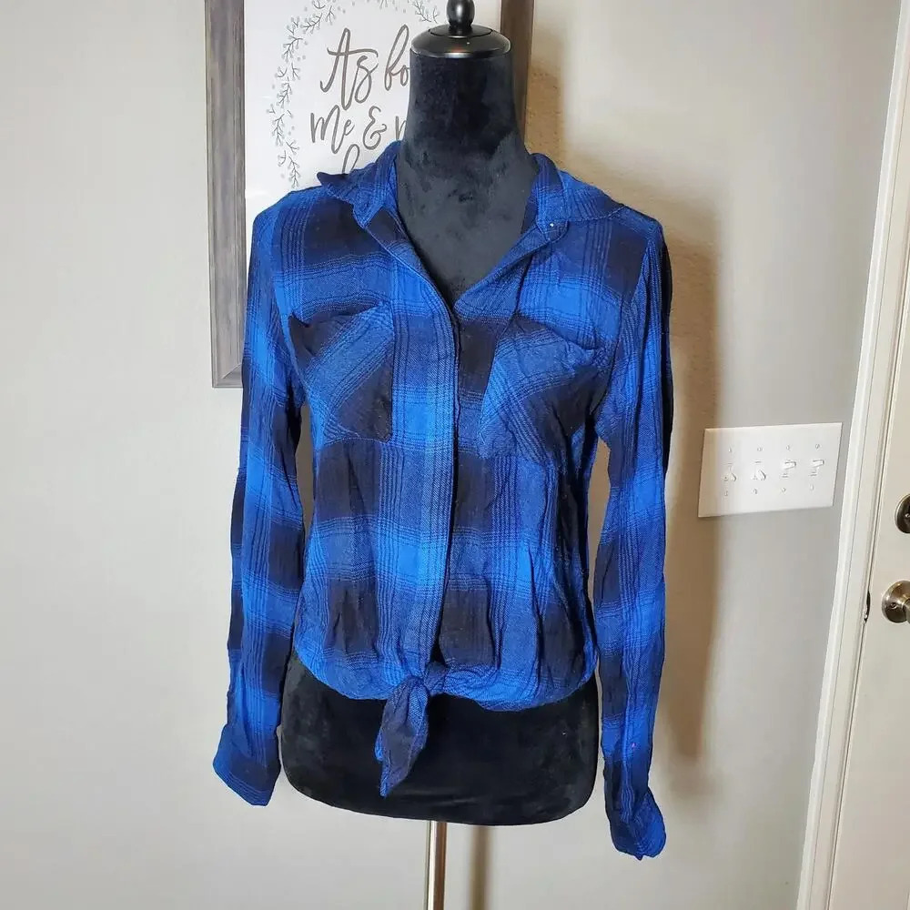 Sim & Sam Flannel Plaid Button Down Tie Front Top Size Medium